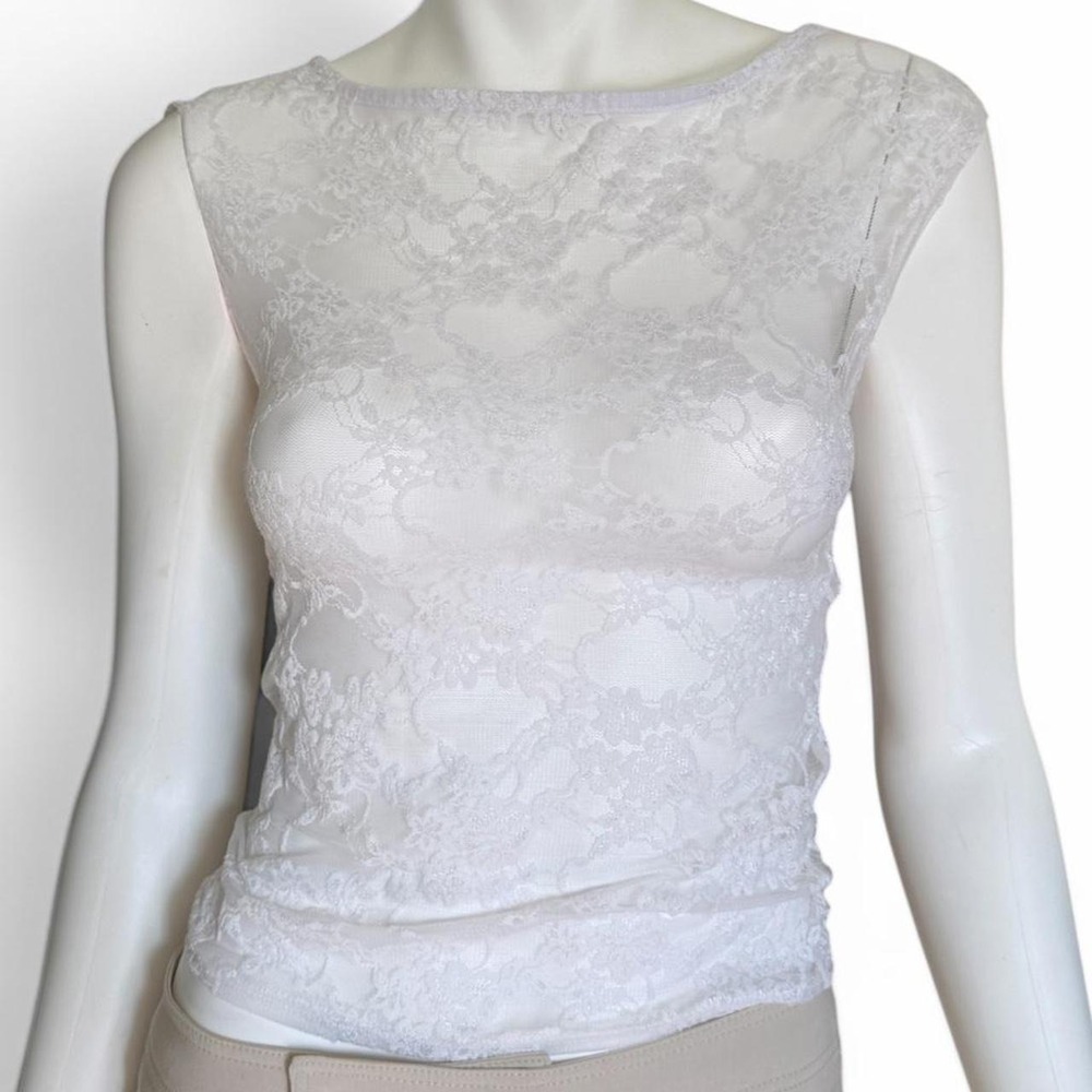Gaze White Floral Lace Mesh Top Cap Sleeve Sheer Coquette Balletcore